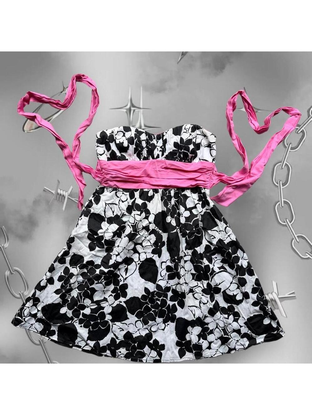 Trixxi Y2K Black White Floral Babydoll Mini Dress Pink Bow Cottagecore Size 5